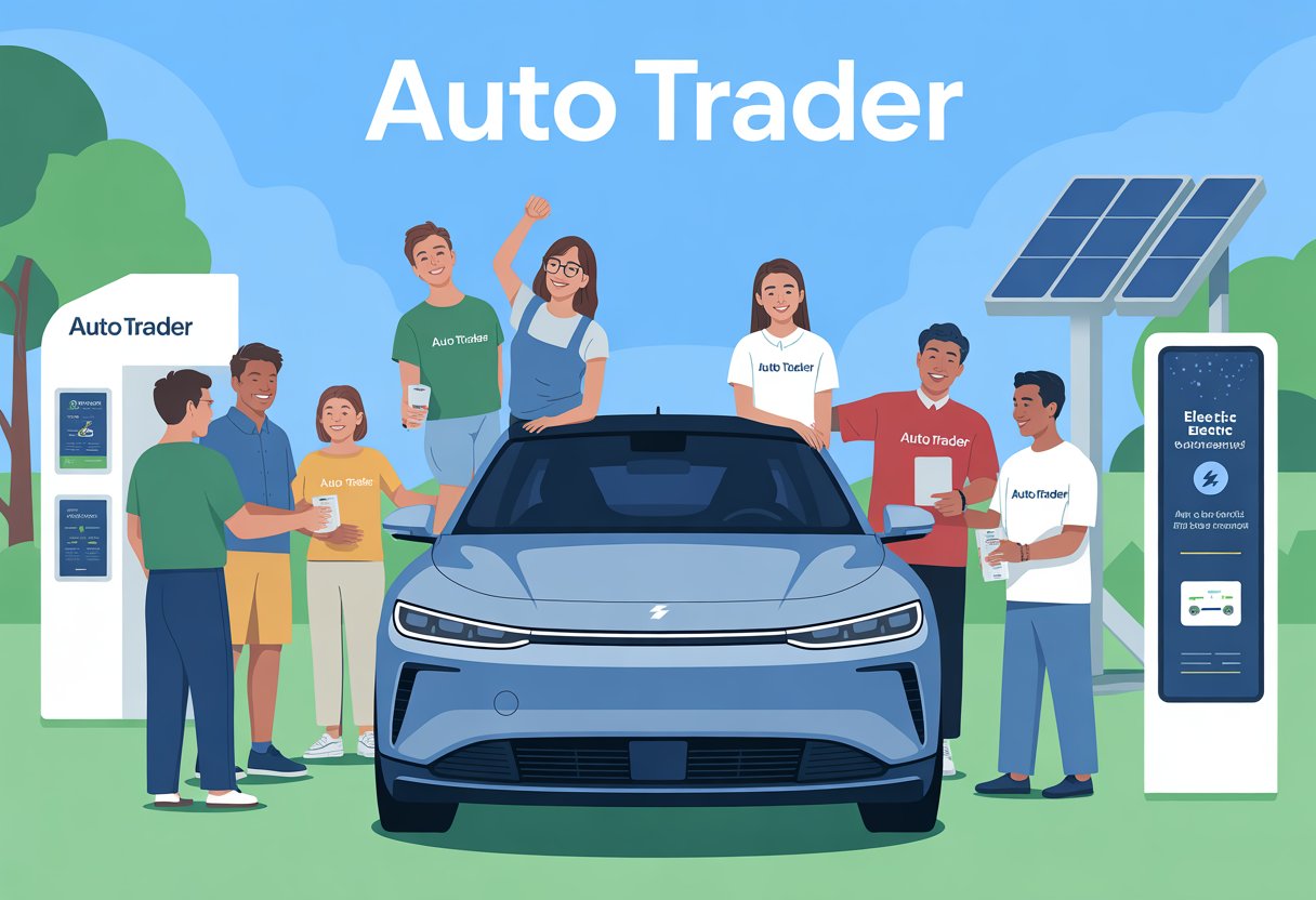 A group of people gathered around a modern electric car outdoors at a giveaway event with trees and solar panels in the background.