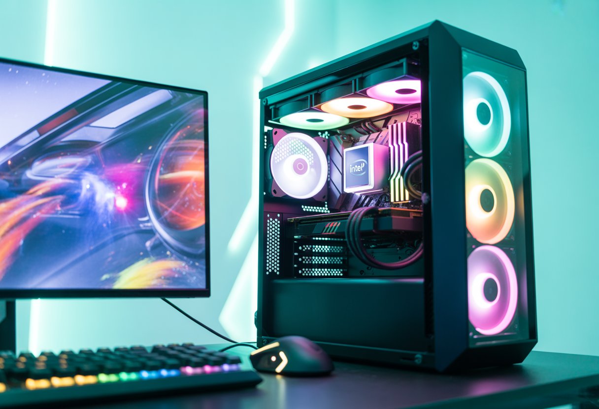 A modern gaming setup with a glowing gaming PC, mechanical keyboard, gaming mouse, and an ultra-wide monitor displaying a futuristic video game scene in a well-lit room.