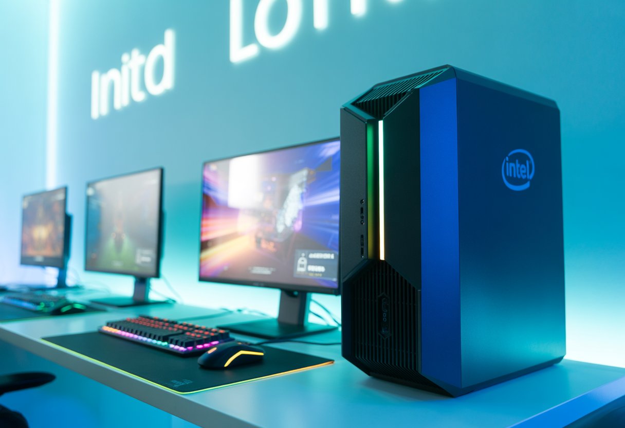 A modern gaming setup with an Intel-powered desktop, RGB keyboard and mouse, and multiple monitors displaying colorful game scenes in a bright, minimalistic room.