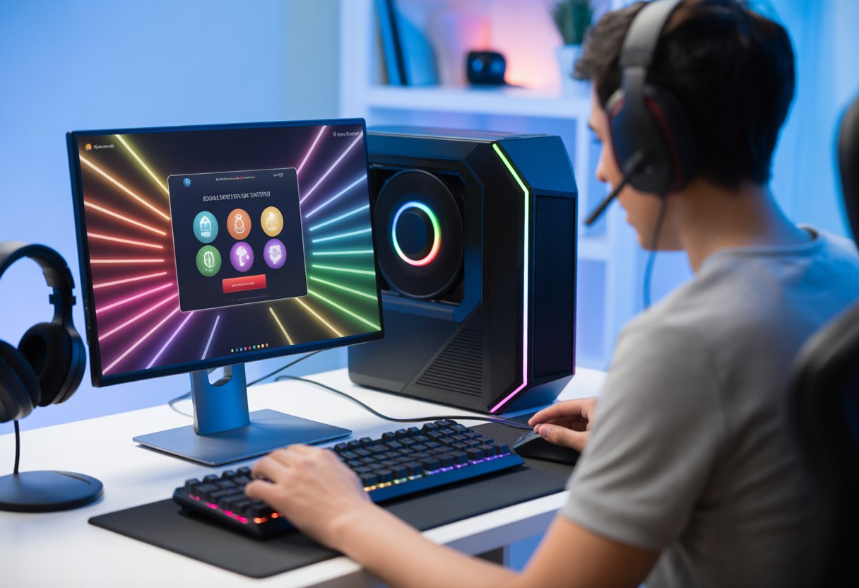 A young adult gamer using a desktop computer with RGB lighting and gaming accessories in a well-lit room, focused on a gaming interface.