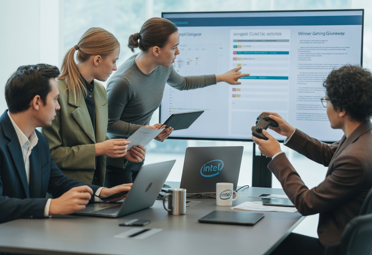 A group of professionals working together around a conference table with laptops and a digital screen, discussing rules and winner selection for a gaming giveaway.