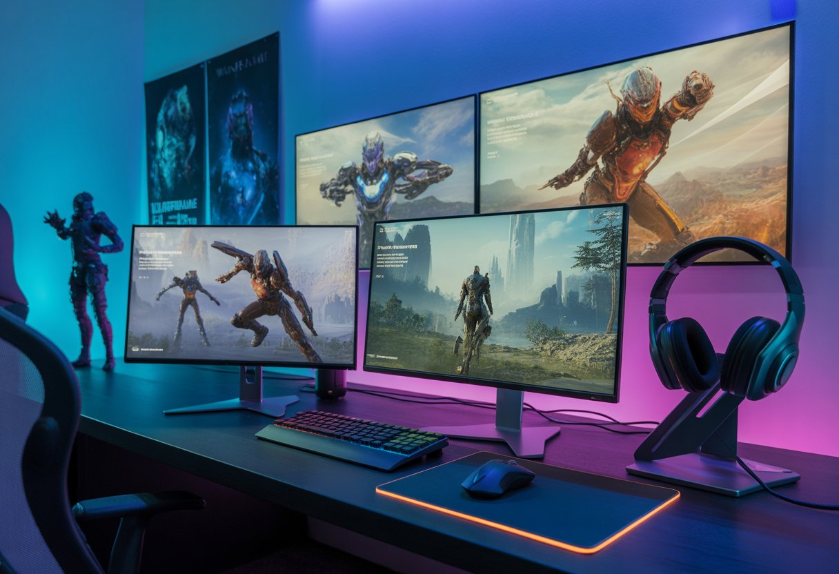 A futuristic gaming setup with multiple monitors showing sci-fi game scenes, gaming accessories on a desk, and ambient colored lighting.