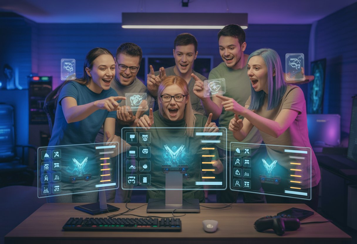 A group of gamers excitedly interacting with holographic digital rewards in a high-tech gaming room.