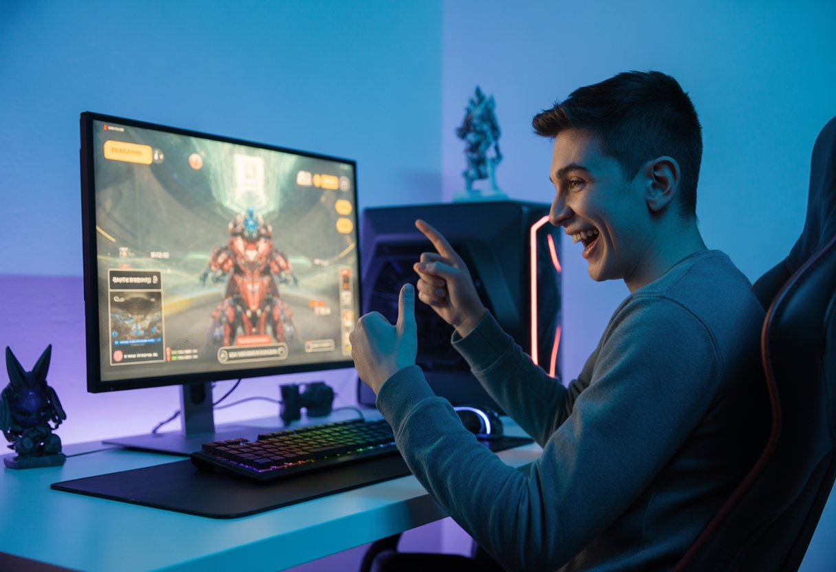 A young adult sitting at a desk with a computer, playing a futuristic video game and looking excited.