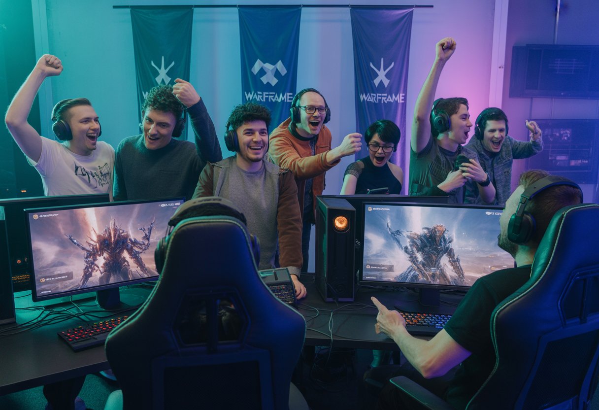 A group of gamers excitedly gathered around gaming setups with colorful sci-fi visuals on screens in a lively room.