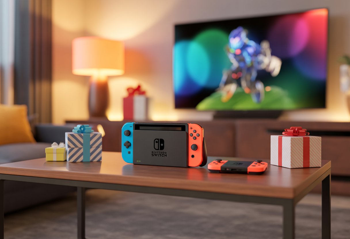 A Nintendo Switch console with controllers on a desk surrounded by gift boxes in a cozy living room setting.