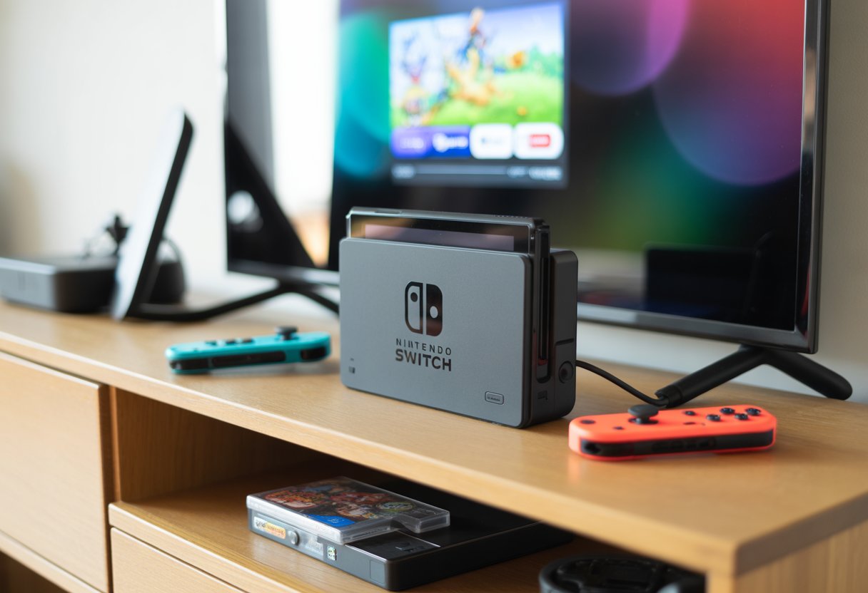 A Nintendo Switch 2 console docked on a wooden entertainment center with controllers and game accessories nearby, and a TV screen displaying colorful game graphics in the background.