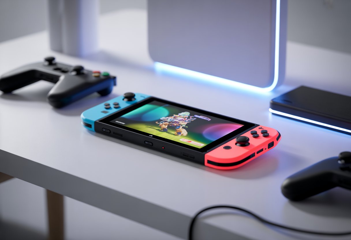 A futuristic handheld gaming console on a white table with game controllers and soft lighting in the background.