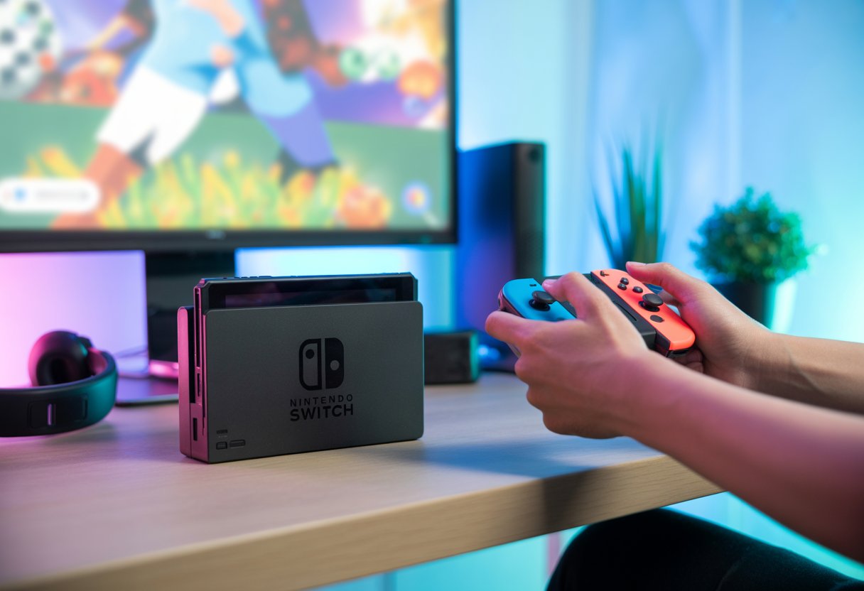 Hands holding a Nintendo Switch controller near a Nintendo Switch console on a desk with gaming accessories in the background.