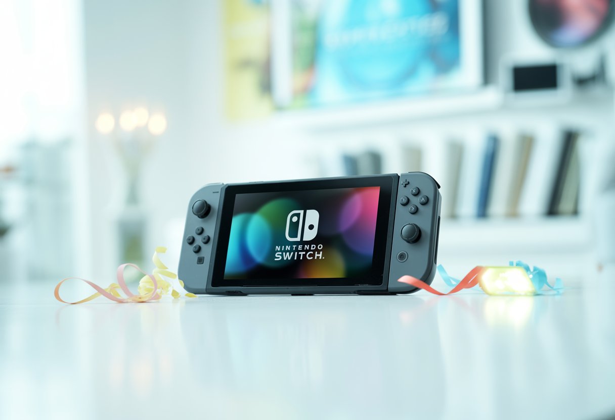 A Nintendo Switch 2 console with controllers displayed on a white surface surrounded by confetti and soft glowing lights.