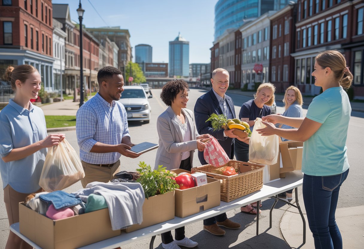 People receiving free items from volunteers at a curbside giveaway on a city street in Halifax.