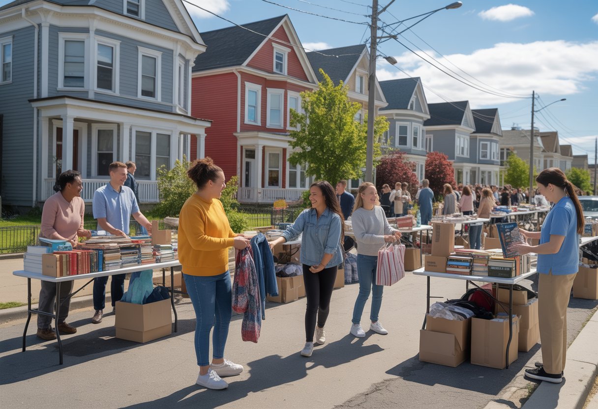 People exchanging items at a curbside giveaway event on a residential street with colorful houses in the background.