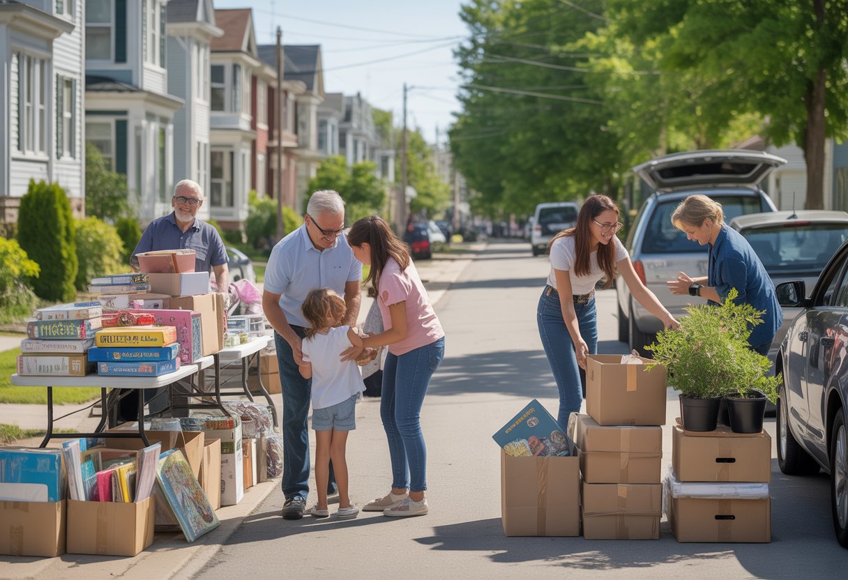 Neighbors browsing tables of household items on a residential street during a community giveaway event.