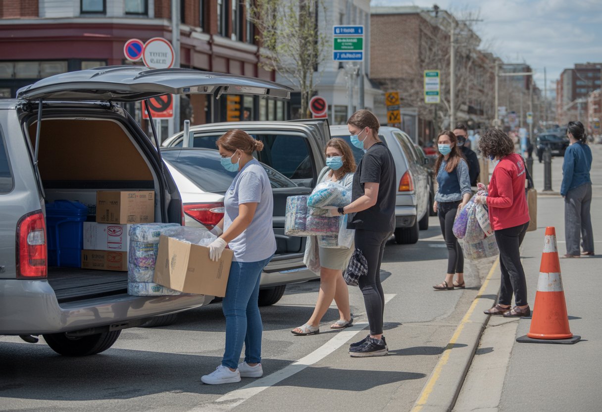 Volunteers wearing masks handing out items to people at a curbside giveaway event in an urban Halifax street with social distancing and safety measures in place.