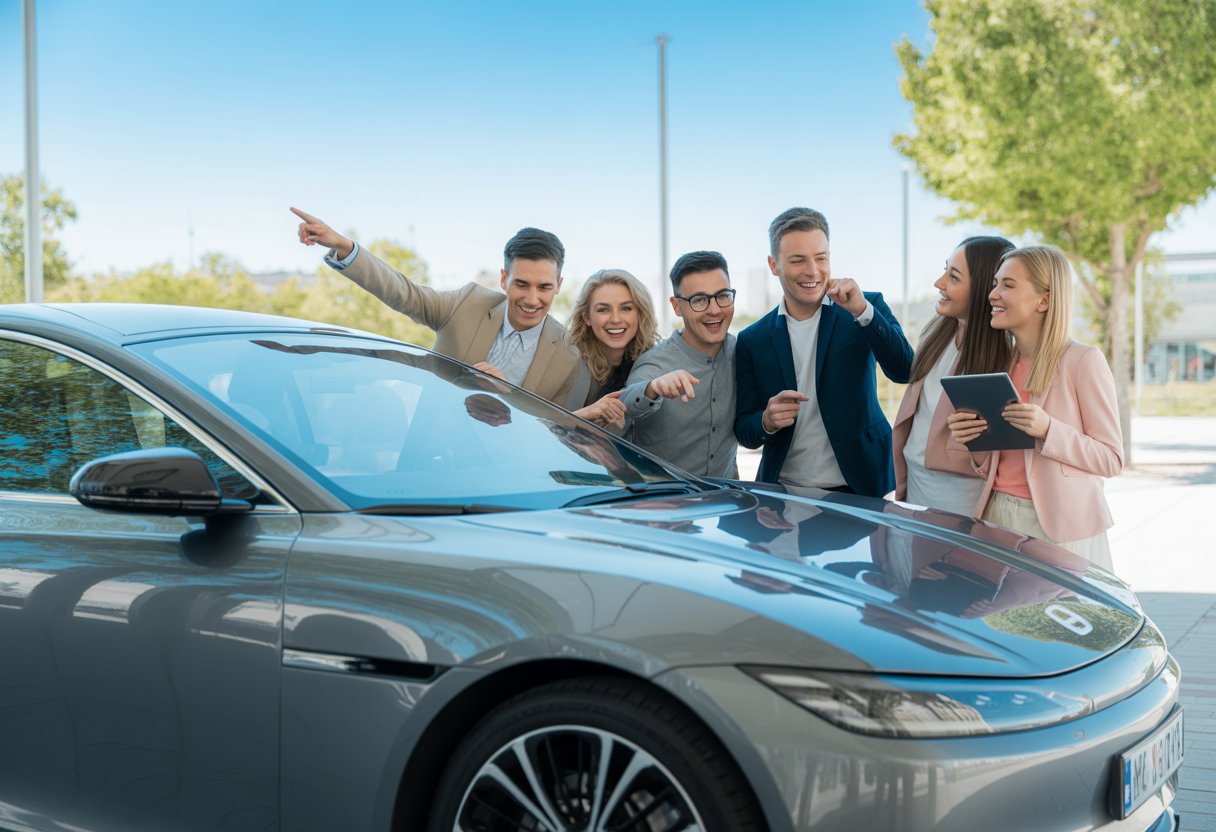 A group of happy people standing around a shiny electric car outdoors on a sunny day.