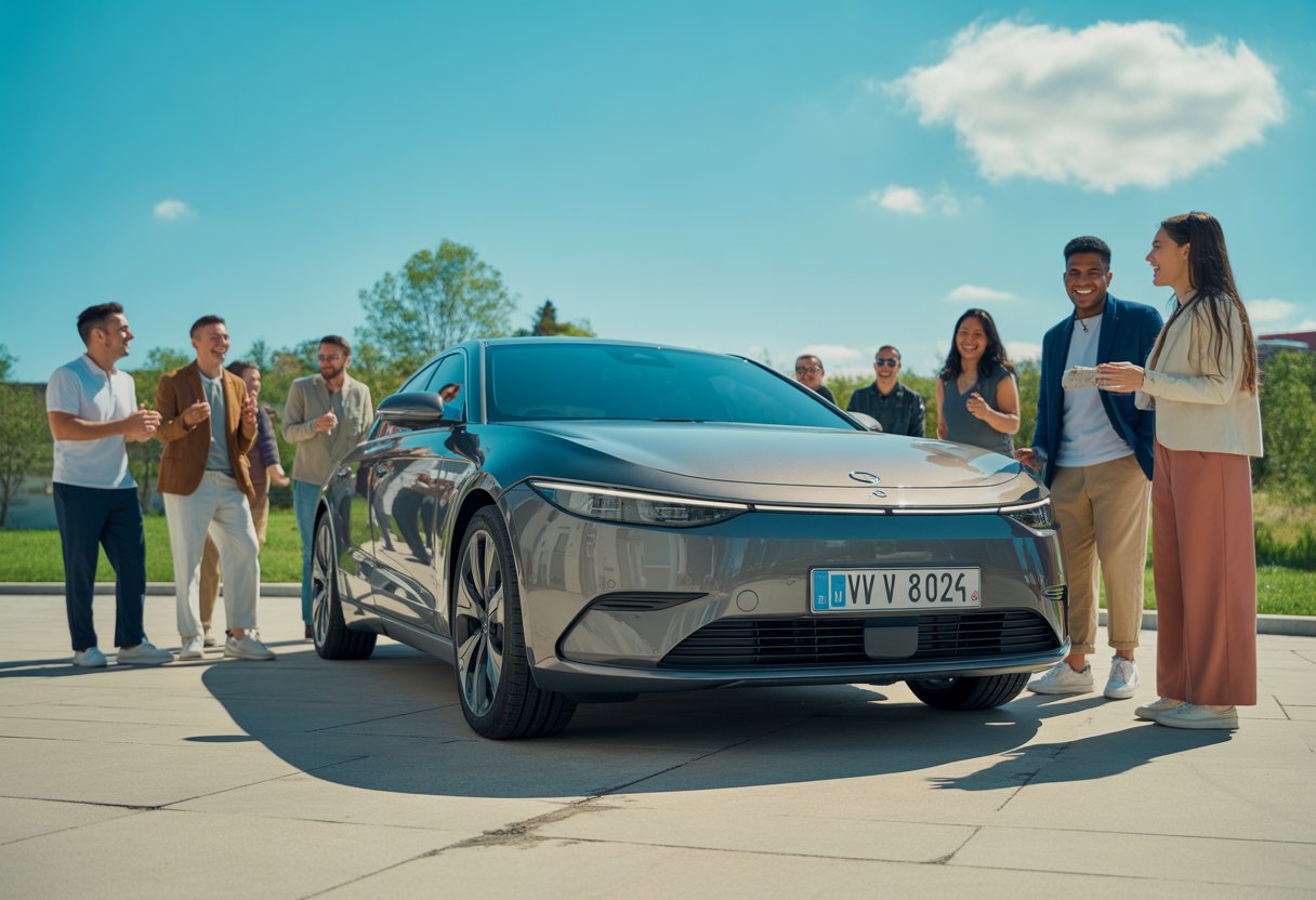A new car parked outdoors with a group of happy people gathered around it, celebrating.