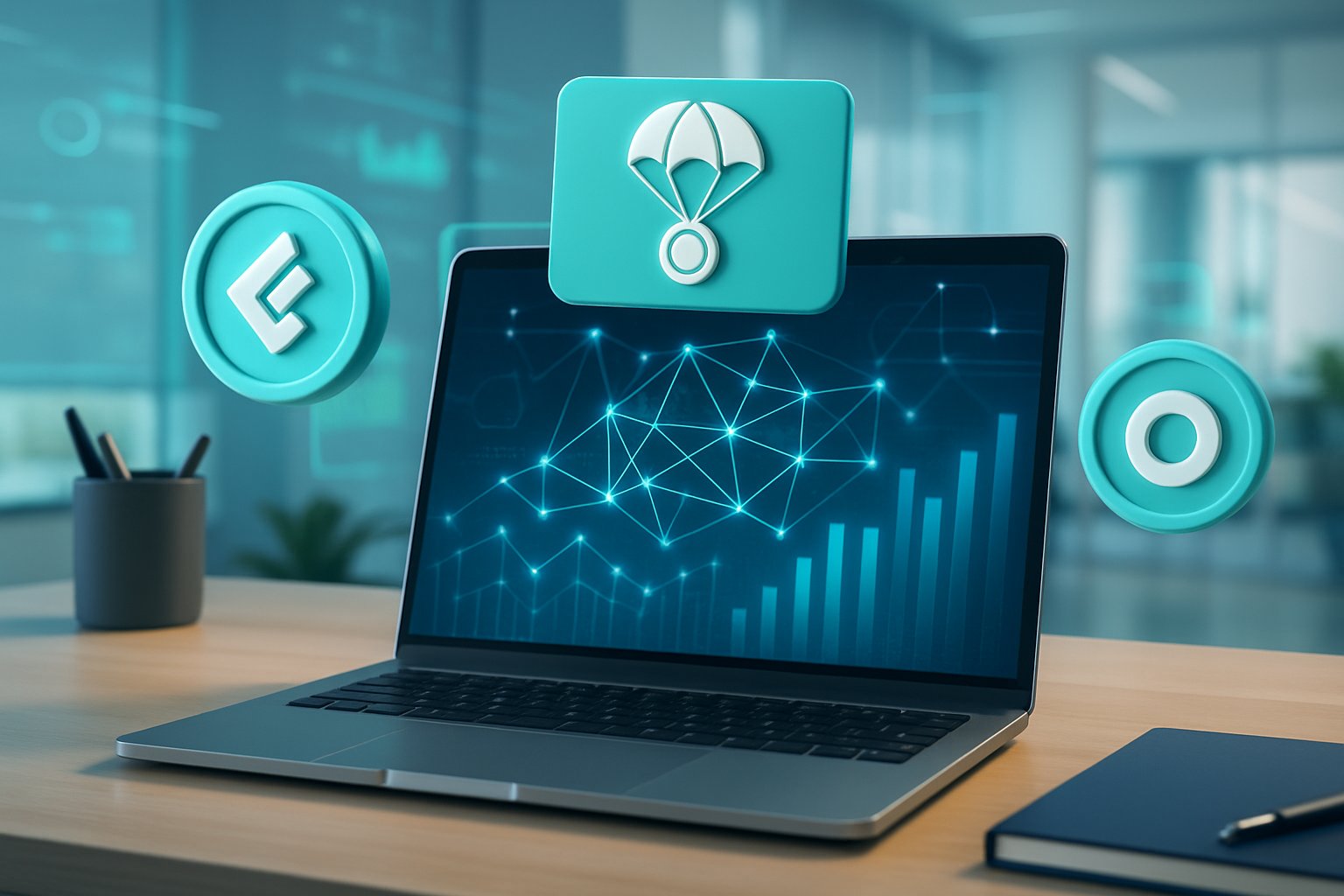 A laptop on a desk showing digital blockchain graphics with floating token icons in a modern office setting.
