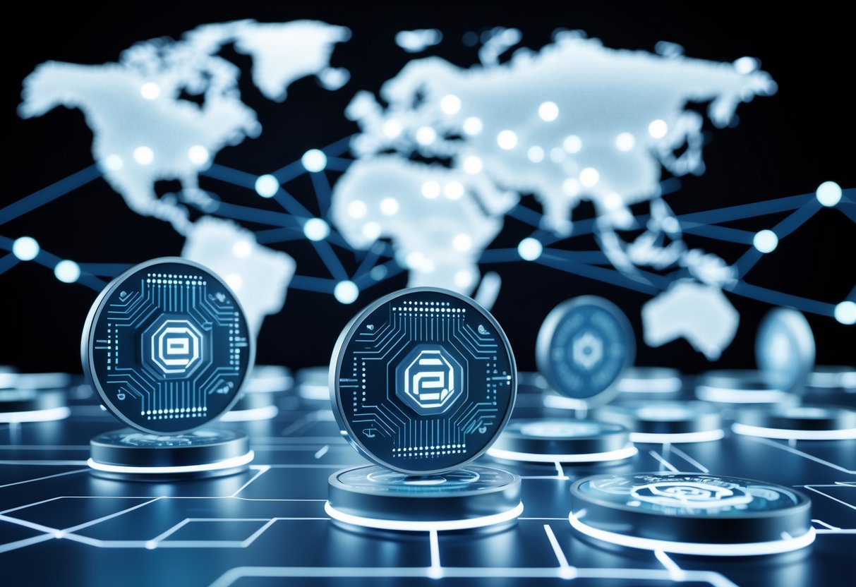 A digital network with interconnected nodes and floating AI-themed tokens above a transparent interface, set against a world map made of light points and lines.