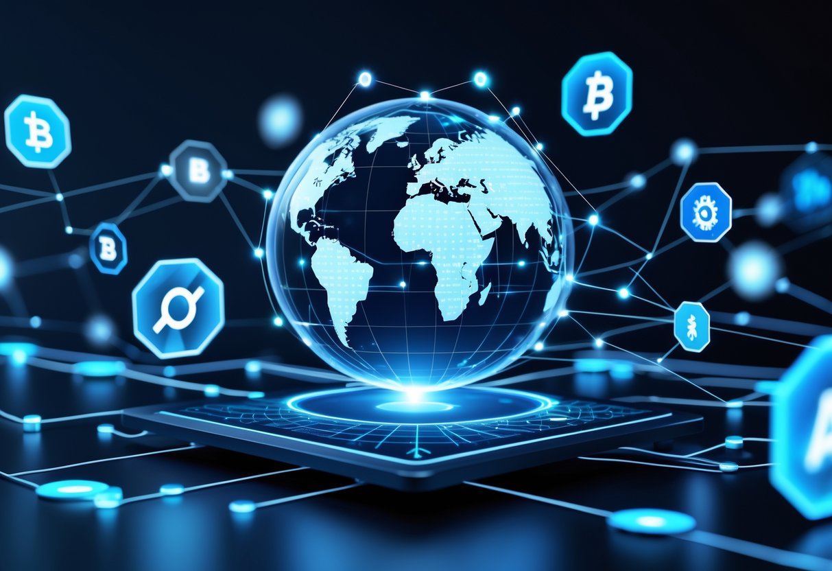 A digital network with glowing interconnected nodes and holographic icons above a globe representing decentralized AI technology.