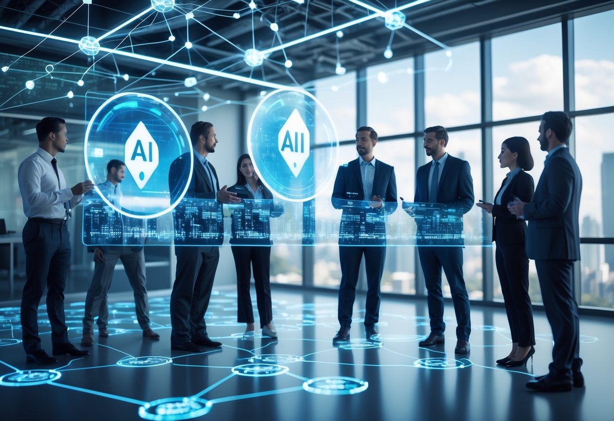 A group of professionals discussing digital holographic screens showing AI data and token symbols in a modern office with a city view.