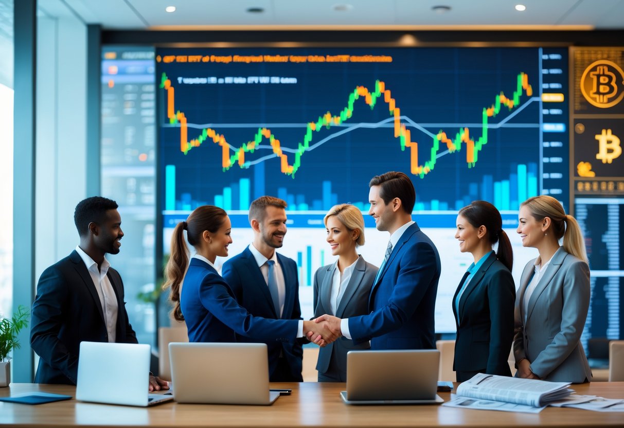 Business professionals in a modern office discussing financial charts on a large digital screen showing Bitcoin and stock market data.