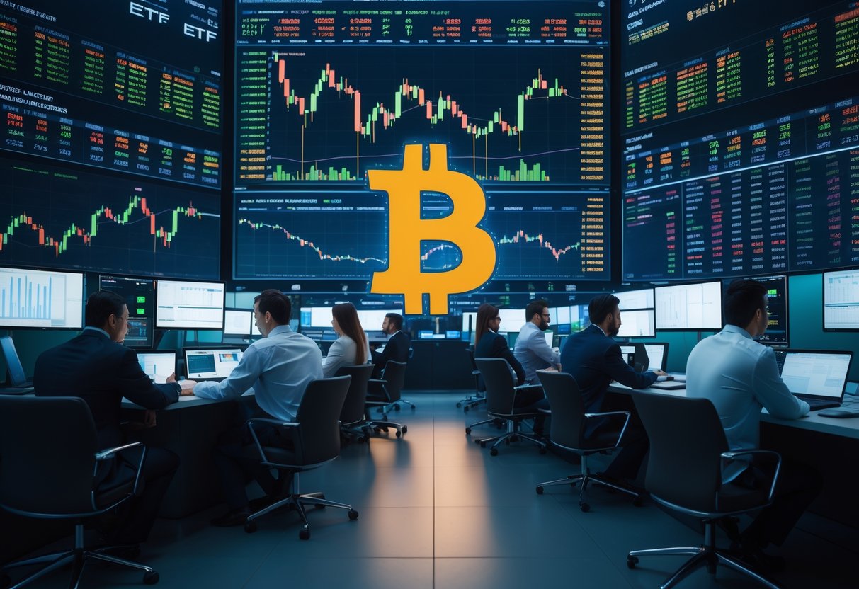 A group of financial analysts in a modern trading room study digital screens showing stock charts and Bitcoin symbols.