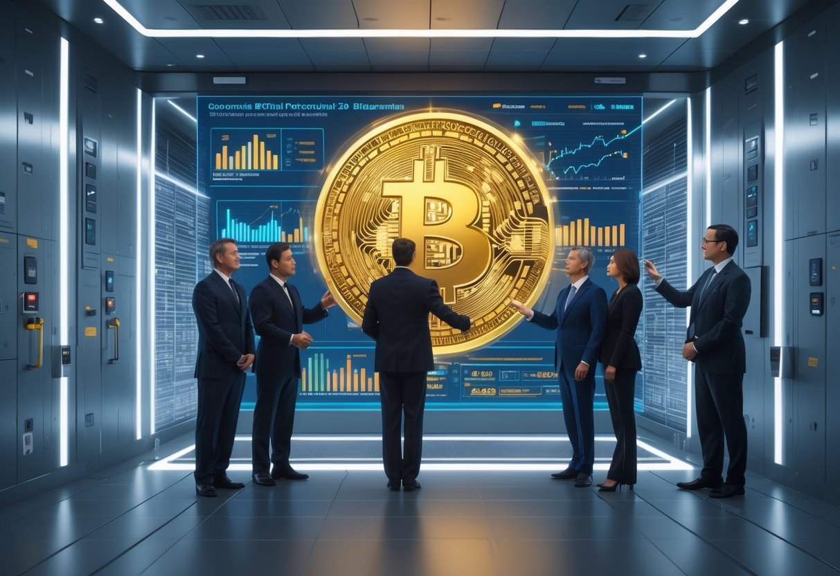 A secure vault room with government officials discussing a large glowing Bitcoin symbol displayed on a digital screen.