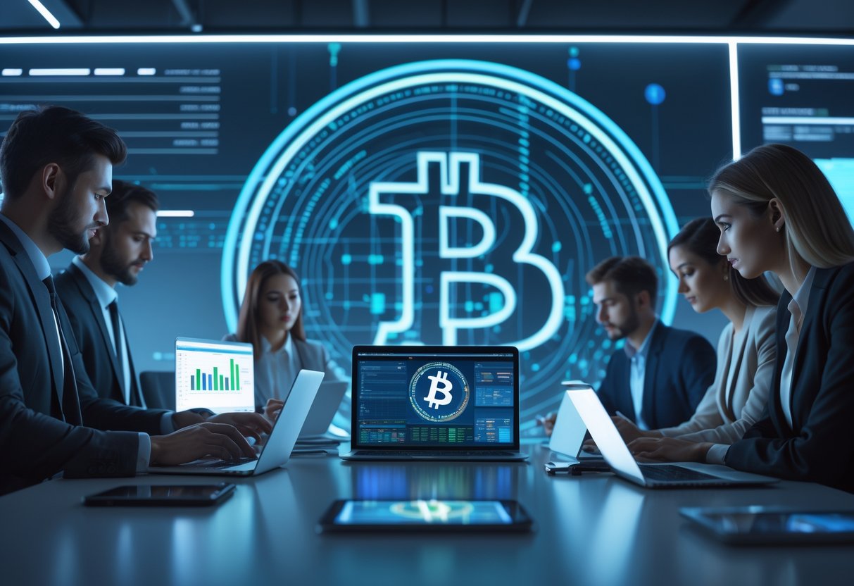 Business professionals collaborating around a conference table with laptops and digital screens showing Bitcoin financial data in a modern office.