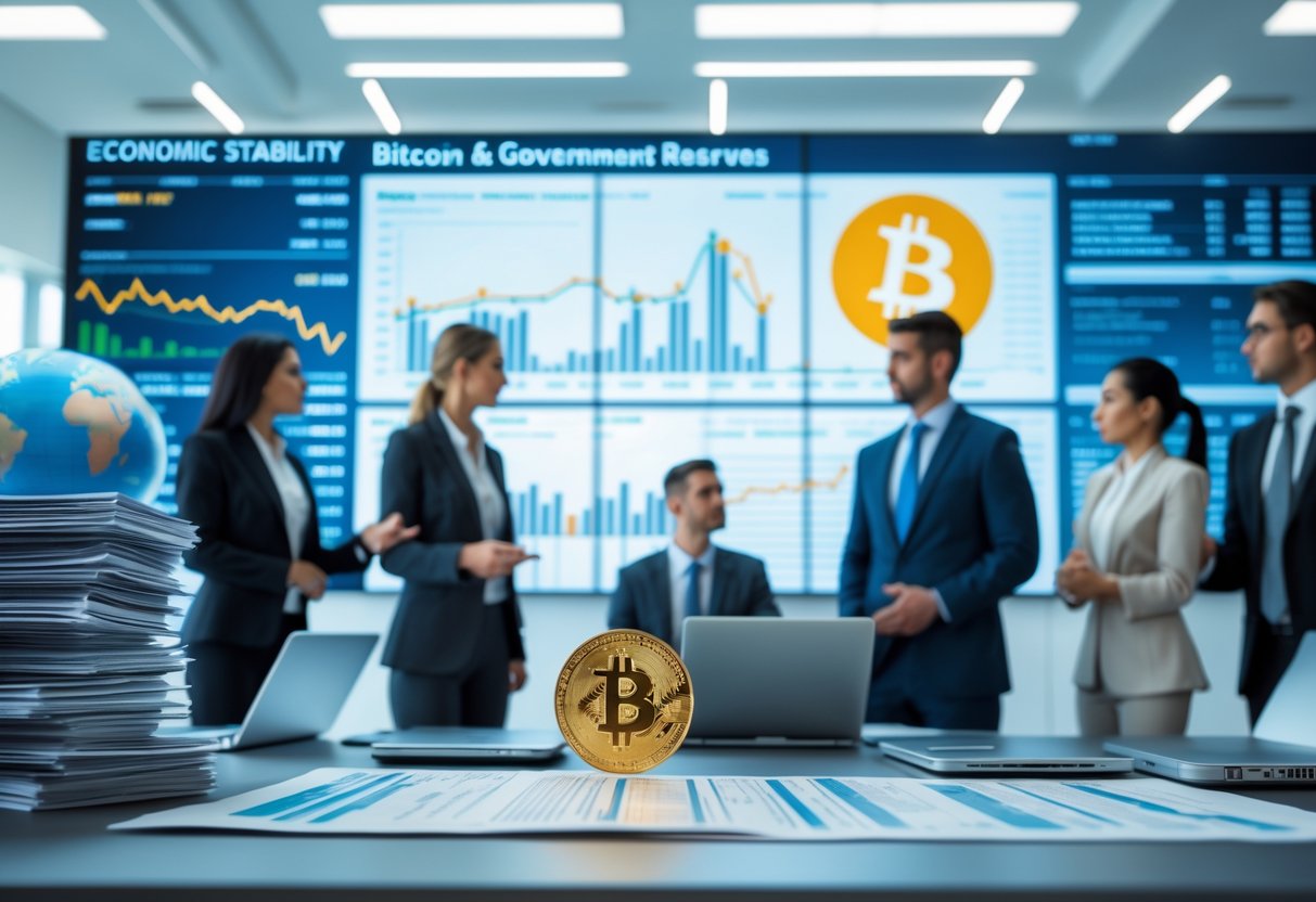 Business professionals discussing financial charts and Bitcoin symbols around a conference table in a modern office.