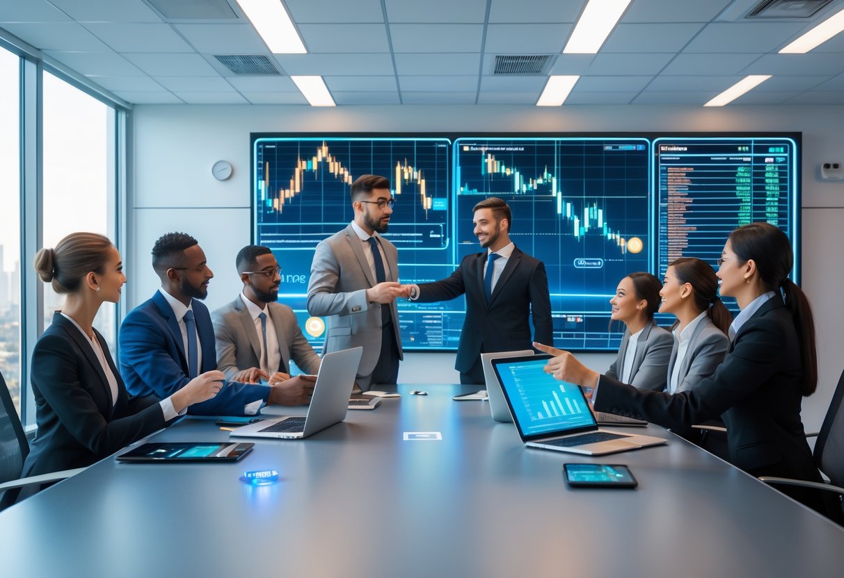 A group of business professionals collaborating around a conference table with digital devices showing Bitcoin charts and graphs in a modern office.