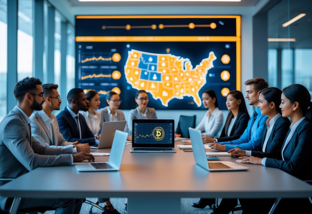 A group of business professionals having a meeting with digital charts and a US map showing Bitcoin icons in a modern office.