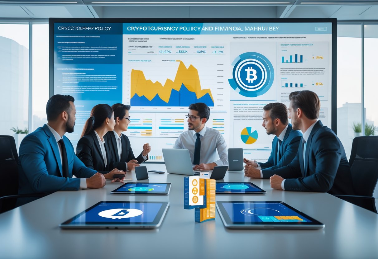 Business professionals in a meeting room discussing cryptocurrency strategy with digital devices and data visualizations visible.