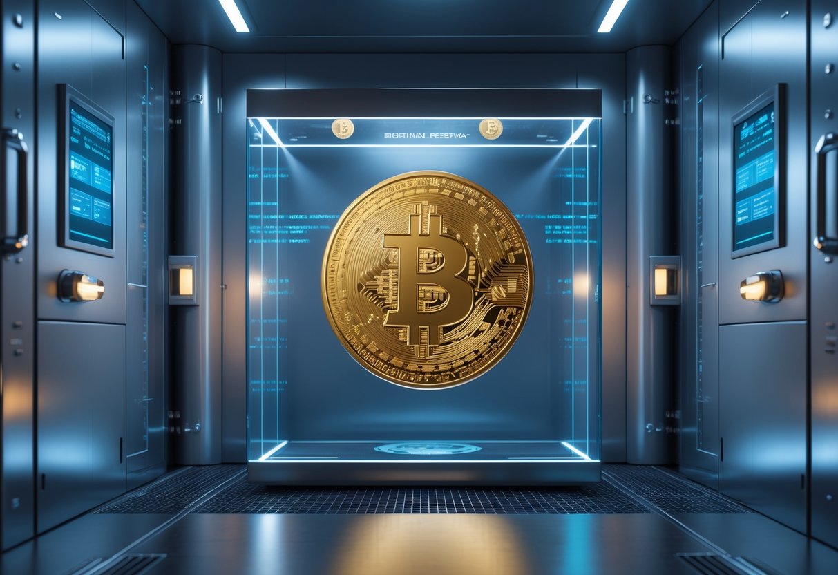 A secure vault room with a large gold Bitcoin coin displayed in a glass case, surrounded by digital holograms and futuristic technology elements.