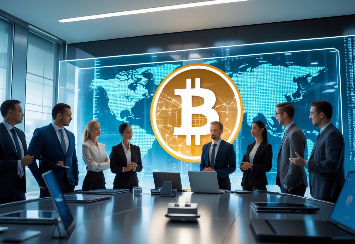 A group of professionals in a modern office discussing financial data with a large digital screen showing a Bitcoin symbol over a world map.