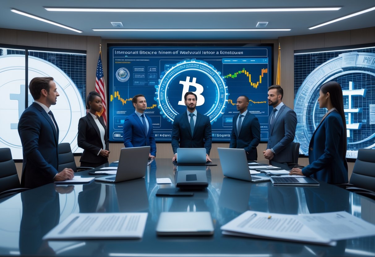 A group of professionals in a modern office discussing cryptocurrency data displayed on a large digital screen, with elements suggesting national finance and security.