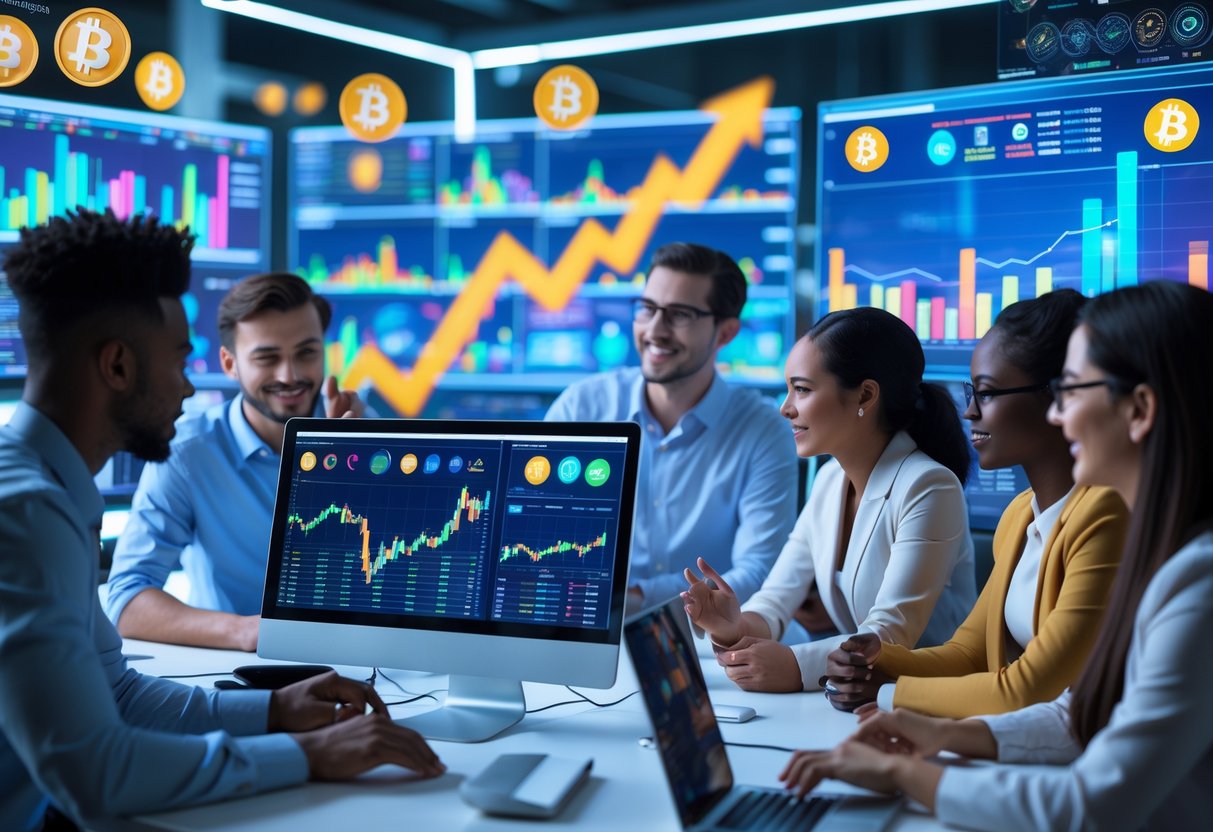 A group of young professionals analyzing colorful cryptocurrency charts on computer screens in a modern office.