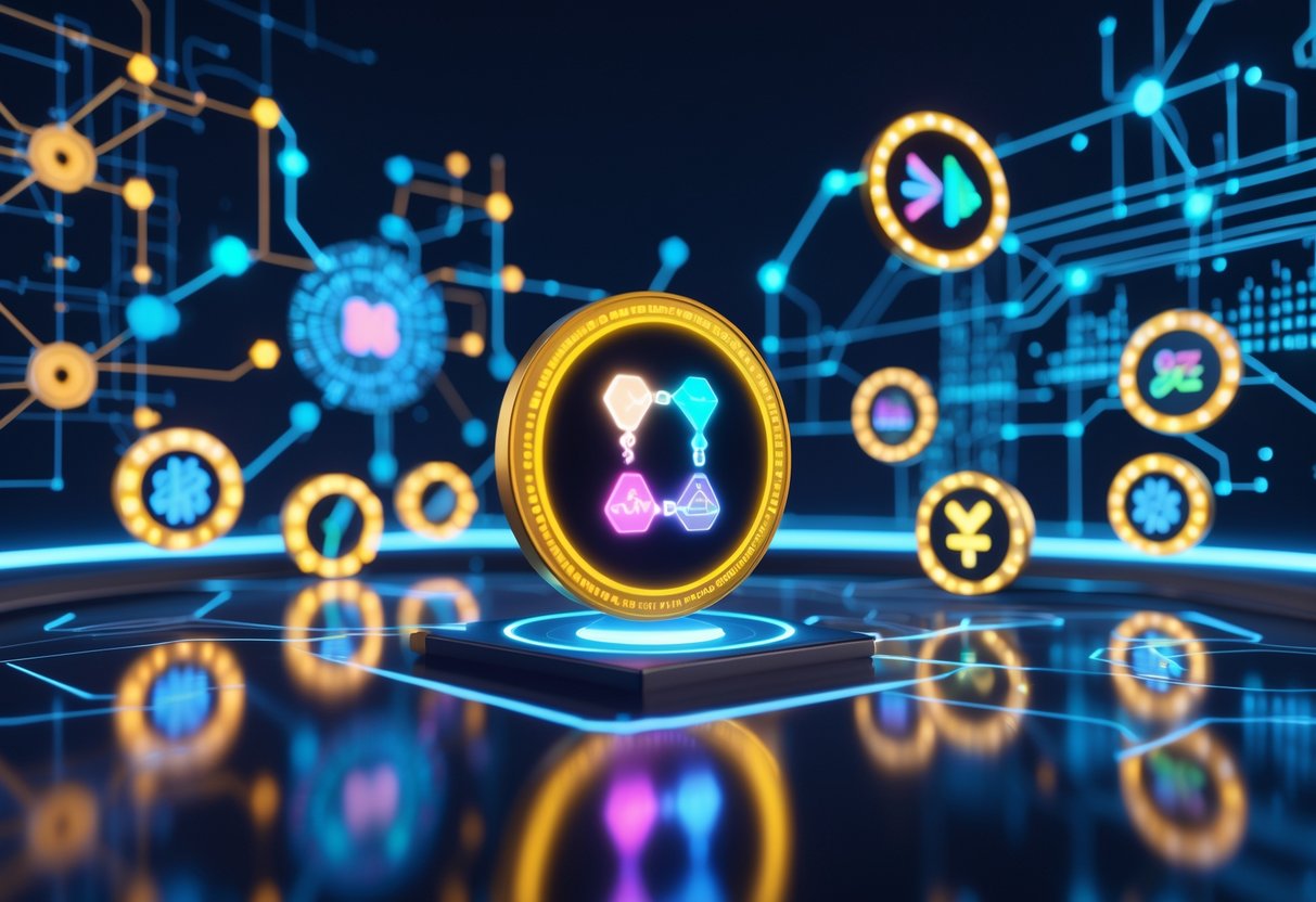 Floating colorful meme coins above a dark reflective surface surrounded by glowing digital network lines and blockchain nodes.