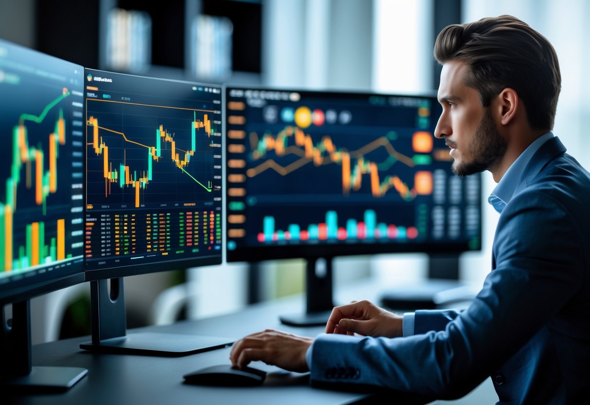 A business professional analyzing cryptocurrency market charts on multiple computer screens in a modern office.