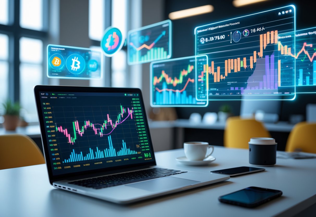 A modern workspace with a laptop showing colorful cryptocurrency graphs and holographic screens displaying altcoin symbols and market trends.
