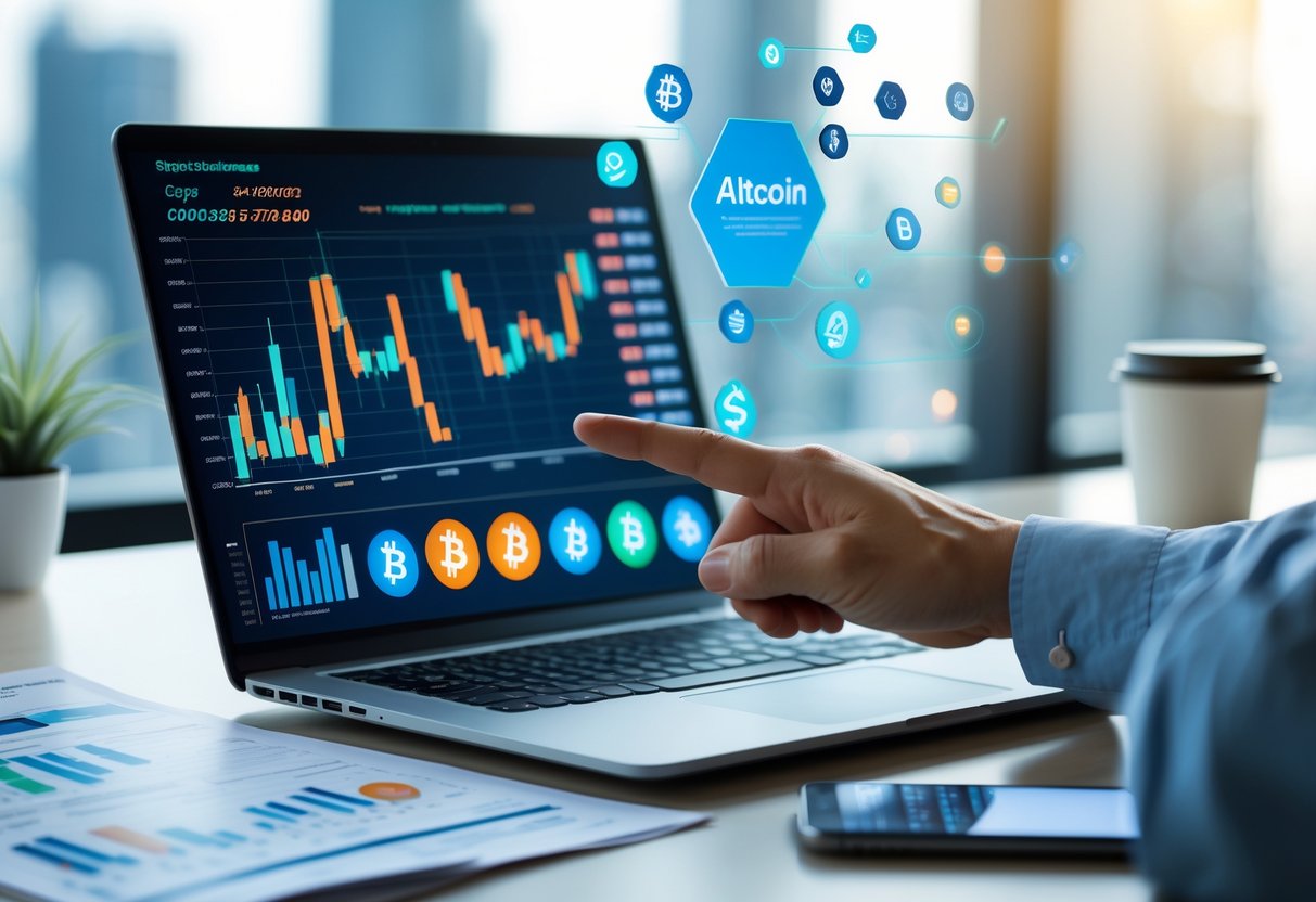 A person pointing at a laptop screen showing cryptocurrency charts, with financial documents and a smartphone on a desk near a window.