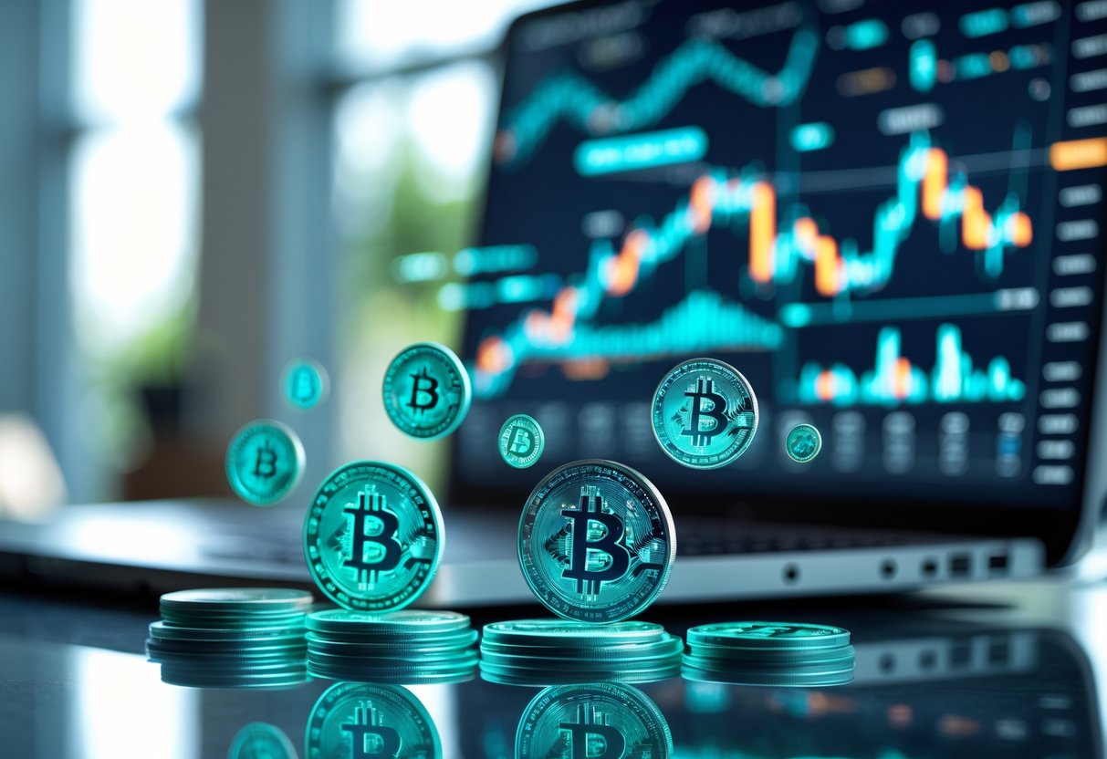 A digital workspace with floating holographic cryptocurrency coins of varying sizes above a glass table, with a laptop showing financial charts in the background.