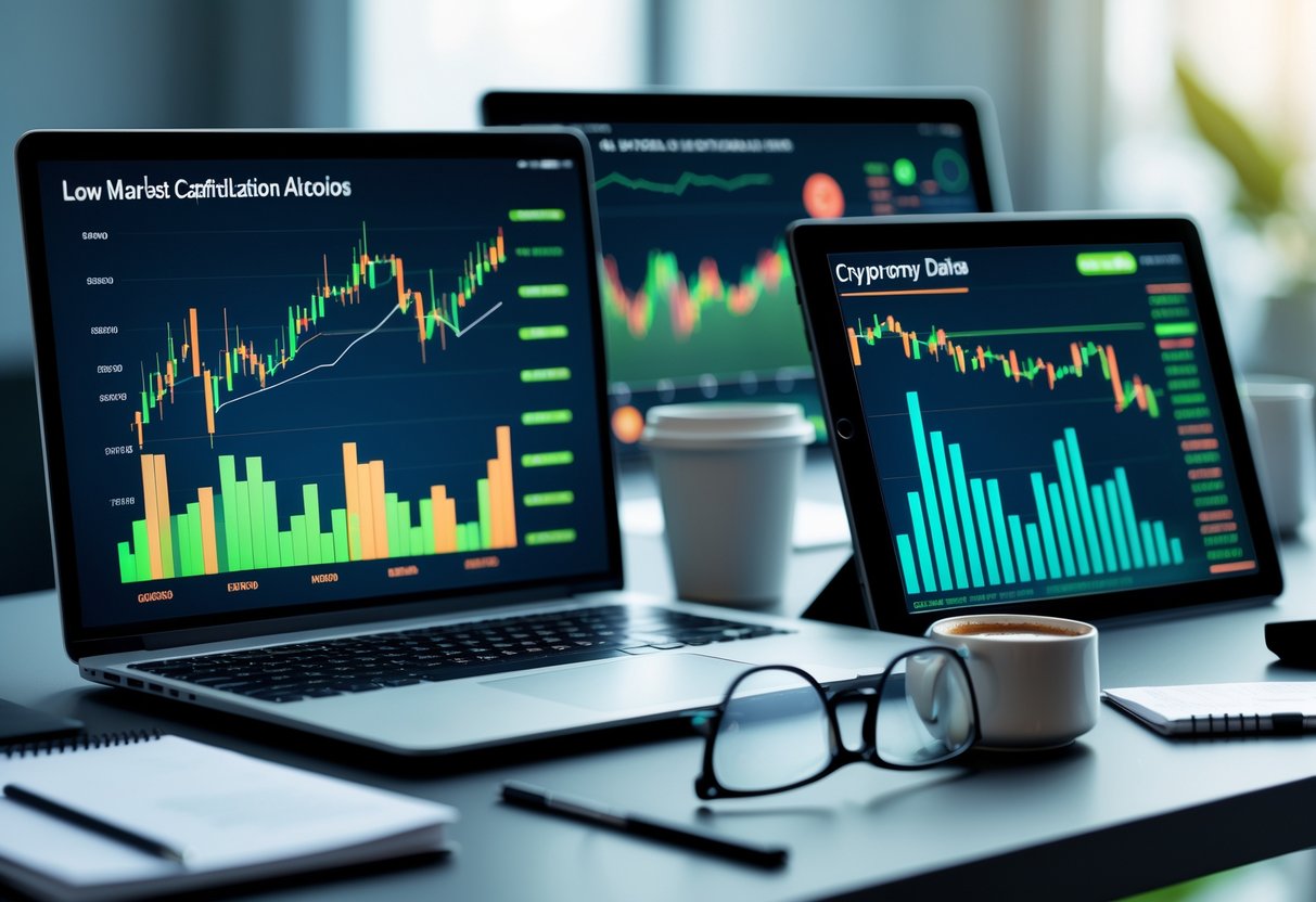 A workspace with a laptop and tablet displaying cryptocurrency charts, surrounded by a coffee cup, notepad, and eyeglasses.