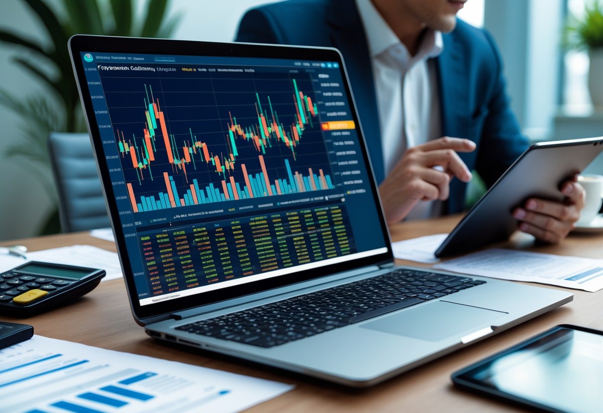 A person reviewing cryptocurrency charts on a laptop and tablet at a desk with financial documents and a calculator.