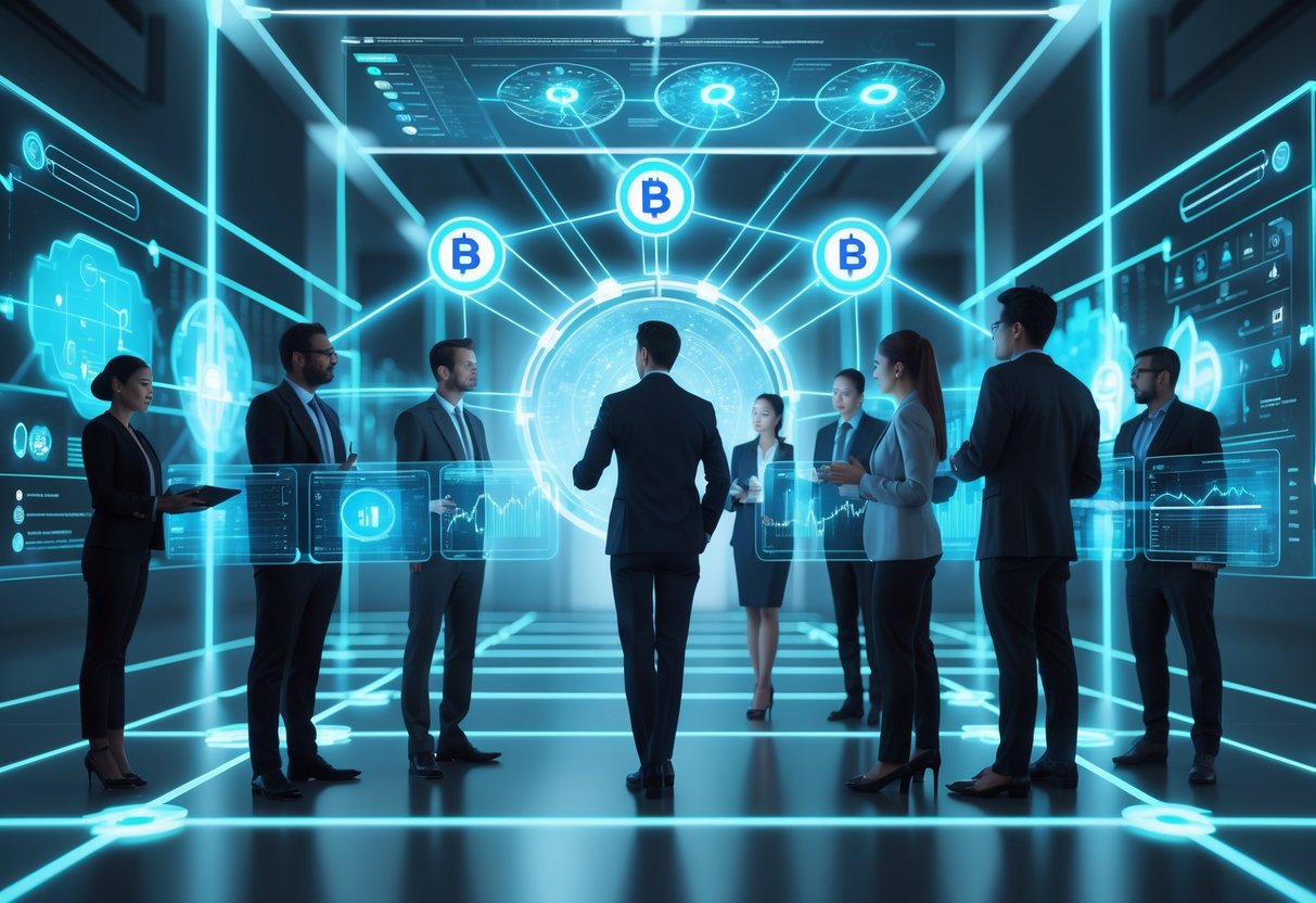 A group of professionals interacting with futuristic digital interfaces showing blockchain and AI data in a high-tech environment.