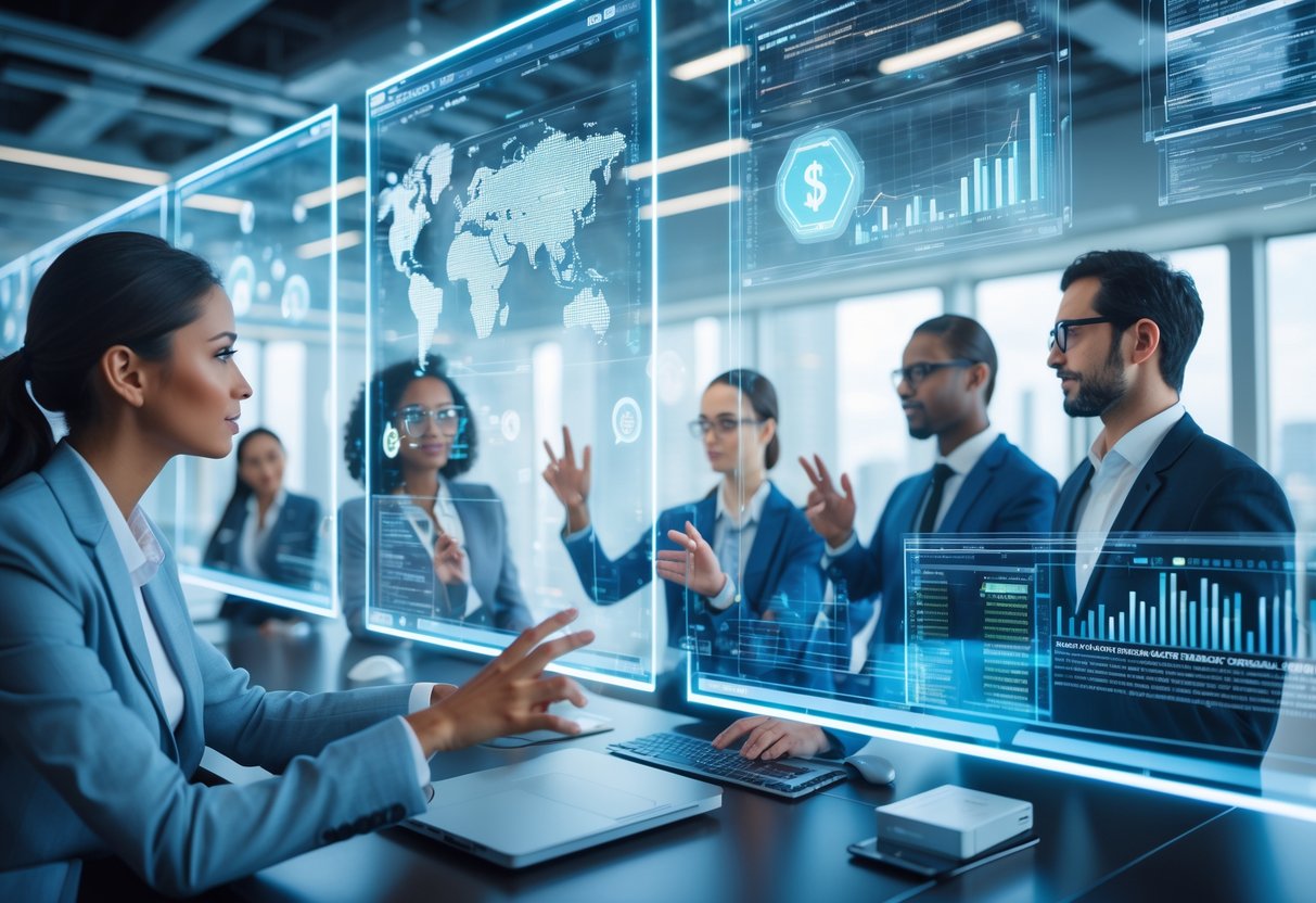 A group of professionals interacting with holographic financial data and blockchain visuals in a modern office setting.