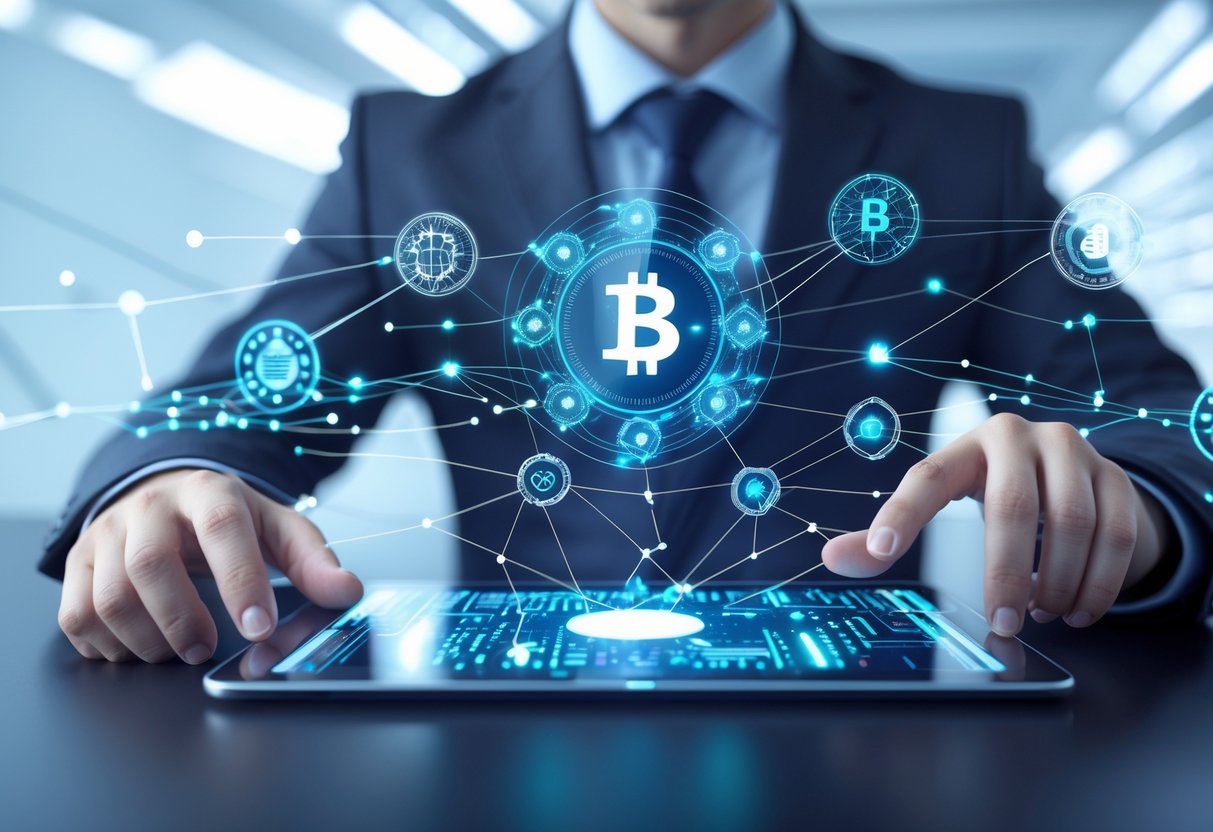 A business professional interacting with a futuristic digital interface displaying interconnected nodes and AI-inspired graphics representing smart contracts and blockchain technology.