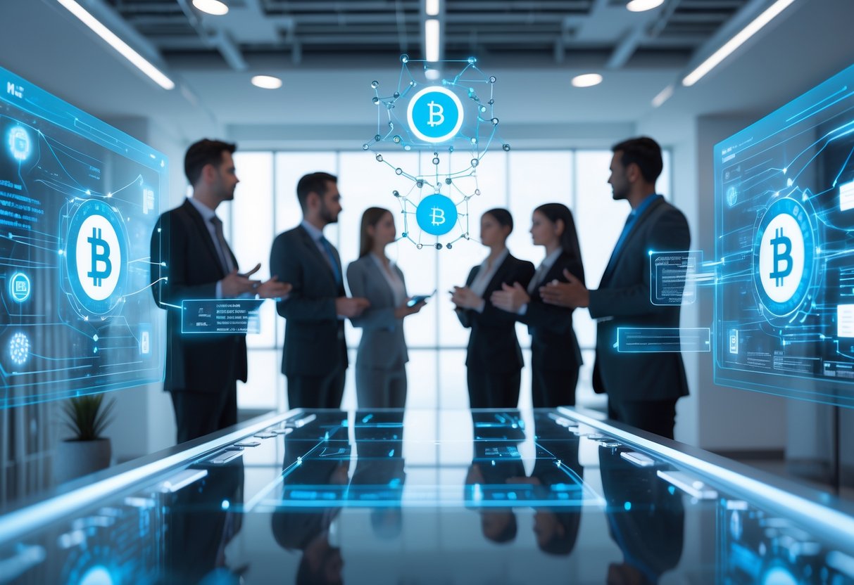 A group of professionals discussing digital holograms of blockchain nodes and smart contract symbols in a modern office.