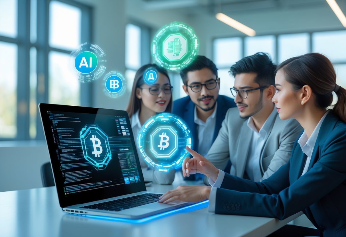 People in a modern office discussing AI smart contracts with holographic blockchain and contract icons floating above a laptop.