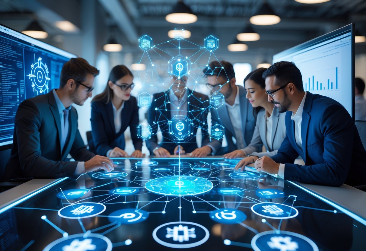 A group of professionals collaborating around a digital touchscreen table displaying blockchain and AI contract visuals in a modern office.