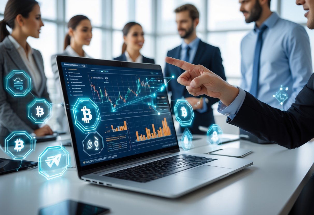 A group of professionals around a laptop showing financial graphs and digital cryptocurrency icons in a modern office setting.